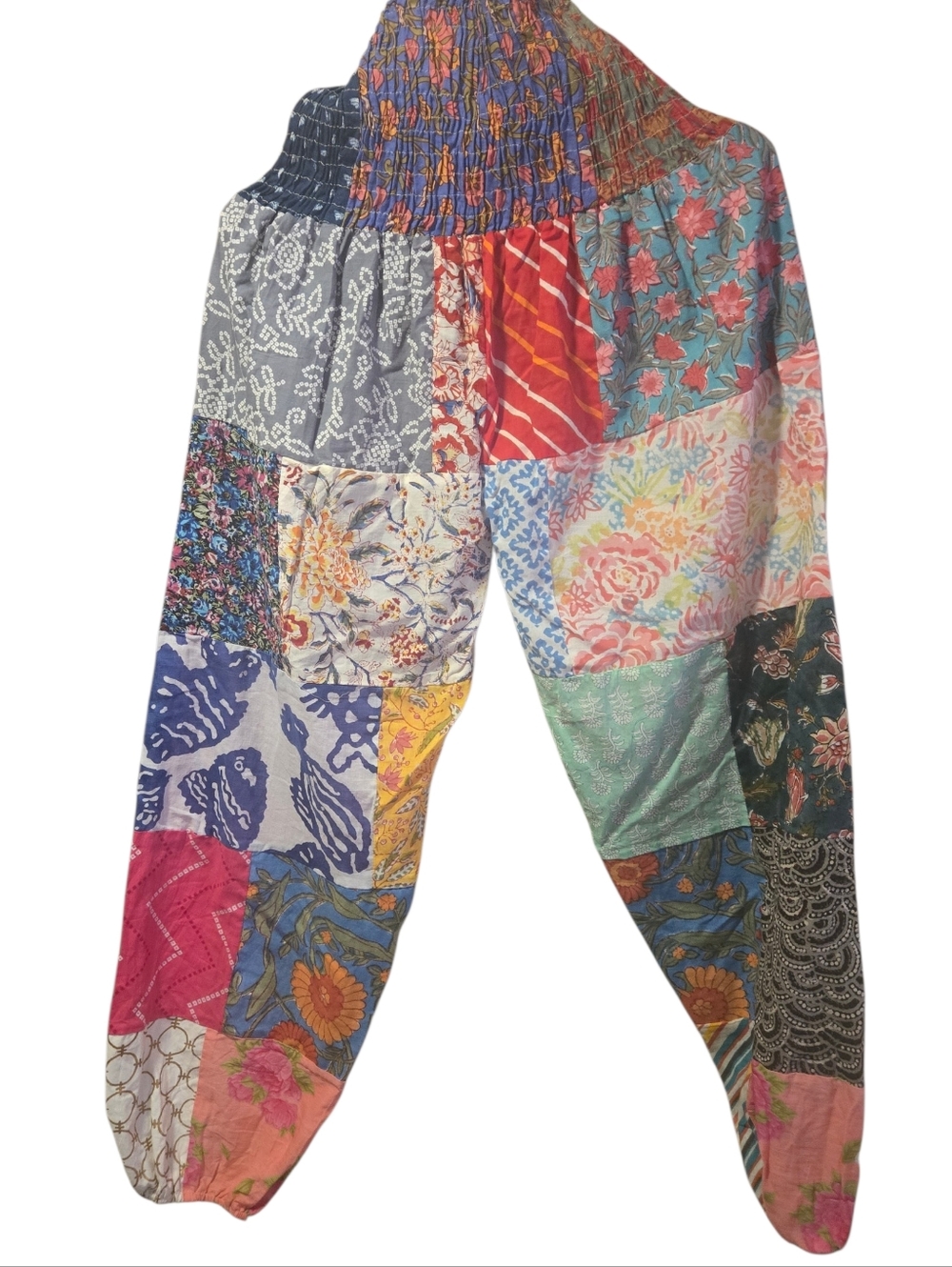 Ashley Taylor Black Floral Patchwork Harem Pants with Pink & Blue Accents